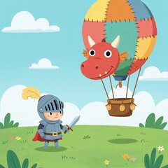 Cartoon Knight Confronts Dragon Hot Air Balloon in a Grassy Field