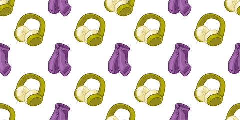 Seamless Earmuffs Mittens Pattern. Winter earmuffs and mittens seamless pattern in flat cartoon style on white background.