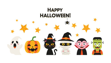 Festive Halloween Characters Greeting: A vibrant illustration showcases a charming collection of iconic Halloween figures.
