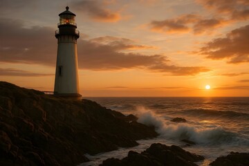 Fototapeta premium Dramatic lighthouse stands tall as sun sets on ocean horizon