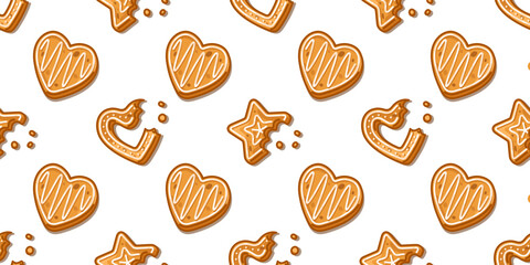 Seamless Gingerbread Cookie Pattern. Seamless gingerbread cookie pattern in cartoon flat style with heart, star and cane biscuits, whole and bitten with crumbs on isolated background.