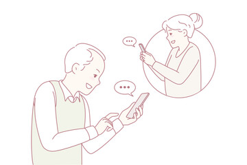 Happy modern grandparents text online on cellphones. Smiling mature man and woman send messages on internet on mobile phone. New technology. Vector illustration.