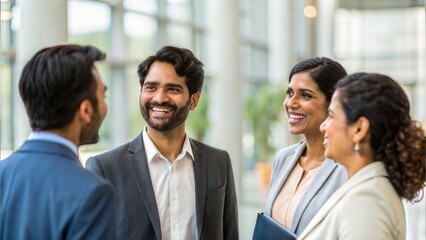 Obraz premium Happy Indian business team in office lobby — colleagues engaged in friendly conversation