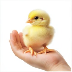 Obraz premium Cute Yellow Chick Nestled in a Hand on a White Background