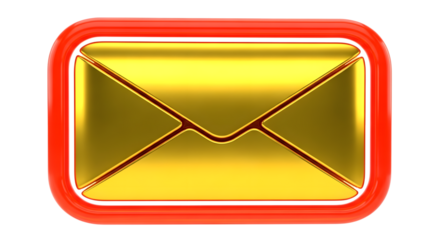 Golden envelope icon with red border, isolated on transparent background