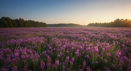 Stunning field of purple wildflowers blooming at sunrise for summer travel ads