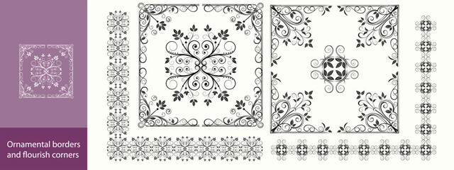 Set of vintage floral corner ornaments. Elegant baroque frame decorations in black vector for invitations, borders, design, and decor art