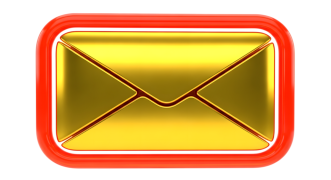 Golden envelope icon with red border, isolated on transparent background