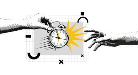 A stylized illustration depicting a hand passing a fast-moving alarm clock to another hand, symbolizing urgency and the passage of time.