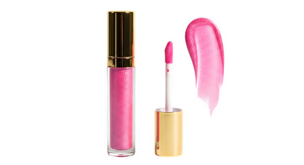 A shiny pink lip gloss tube with a golden cap and applicator, next to a swatch of the glossy pink lip product, isolated on transparent background