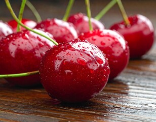 Close-up of fresh, wet cherries on wood