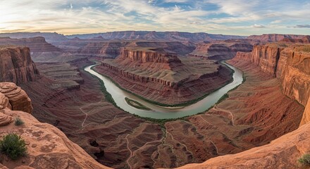 Stunning panoramic view of Dead Horse Point canyon landscape with winding river