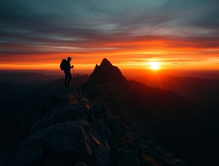 Ascending Triumph: A solitary figure of a hiker conquering a mountain peak during a mesmerizing sunset. A powerful composition celebrating nature's beauty and human's adventurous spirit.