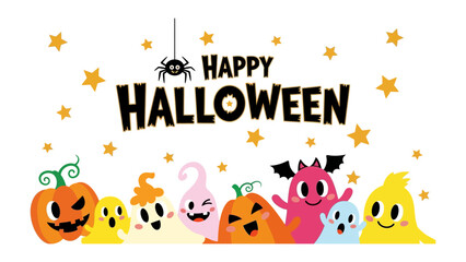 Fototapeta premium Happy Halloween: A vibrant cartoon design with various colorful monsters and pumpkins, perfect for creating an enchanting holiday atmosphere.