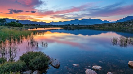Serene Sunset Reflection Over Calm Lake Surrounded by Mountains