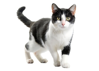 Obraz premium And white cat walking on white background isolated on a transparent background black and white cat 2