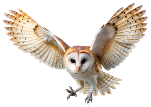 Barn owl in flight with outstretched wings isolated on a transparent background bird 1