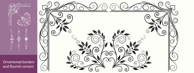 Set of vintage floral corner ornaments. Elegant baroque frame decorations in black vector for invitations, borders, design, and decor art