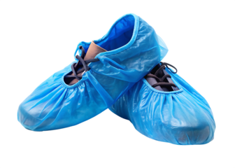 Blue disposable shoe covers on shoes isolated on a transparent background protection