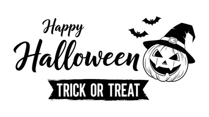 Fototapeta premium Happy Halloween Banner: A cheerful Happy Halloween message, complemented by a trick or treat banner and a smiling jack-o'-lantern, invites revelers to embrace the spirit of the spooky season. 