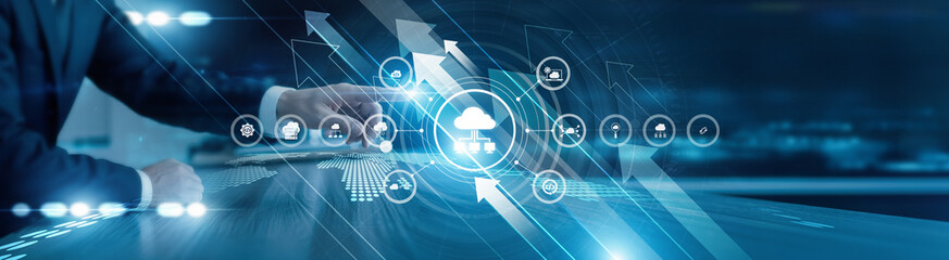 An IT expert touching an icon and the word 