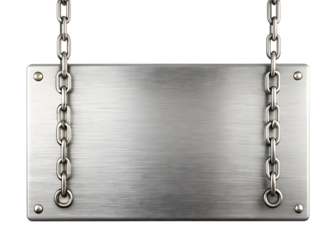 Brushed metal plate hanging from chains isolated on a transparent background silver 2