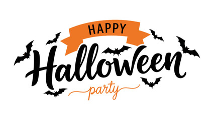 Happy Halloween Party: Festive Halloween celebration with bat silhouettes, showcasing an orange ribbon. The image is filled with Halloween atmosphere.