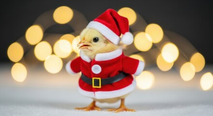 Adorable baby chick dressed in a miniature Santa Claus costume, standing against a festive background of soft golden bokeh lights.