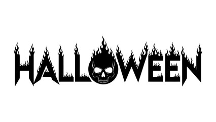Halloween Silhouette Design: Spooky silhouette design showcasing the word Halloween with a central skull symbol, evoking the spirit of All Hallows' Eve, complete with flames.