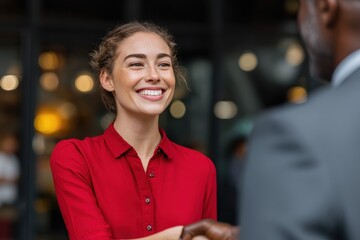 Business handshake concept. Happy middle aged professional woman manager and male client or partner shaking hand expressing trust in b2b partnership at meeting in corporate office. Hiring, onboarding.