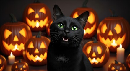 Striking black cat with piercing green eyes sitting among glowing carved Halloween pumpkins and flickering candles in a dark, atmospheric setting.