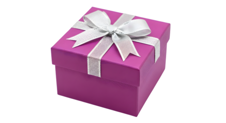 A vibrant purple gift box with a shimmering silver ribbon and bow, isolated on a transparent background, perfect for celebrations and special occasions