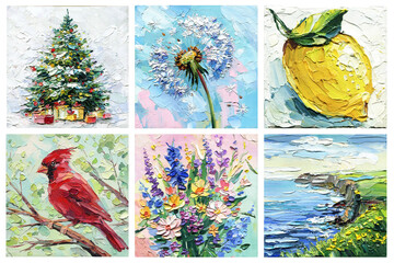Set of impasto acrylic paintings with cardinal bird lemon dandelion Christmas tree wildflower bouquet and seaside landscape