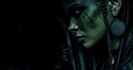 Zombie woman side profile with eerie green face paint, yellow eyes and piercings. Halloween, jungle tribal dark background.