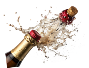Champagne cork exploding wine spraying dynamically isolated on a transparent background