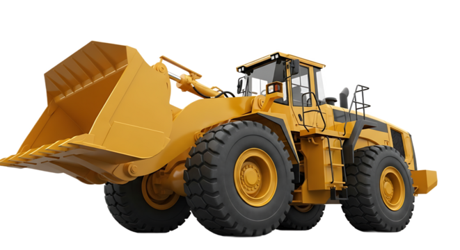 Yellow Front End Loader Heavy Construction Machine with Industrial Bucket and Large Tires, Powerful Wheel Loader Excavator on Transparent Background.