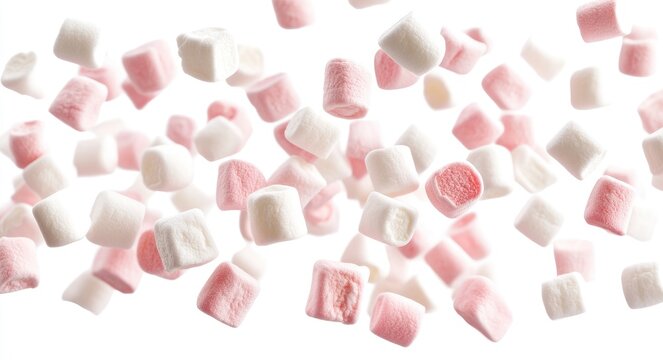 Colorful Mini Marshmallows Flying in Air on White Background