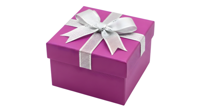 A vibrant purple gift box with a shimmering silver ribbon and bow, isolated on a transparent background, perfect for celebrations and special occasions