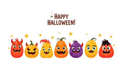 Whimsical Halloween Monsters: A cheerful row of cute, colorful monster characters exude playful vibes. Perfect for holiday greetings and evoking seasonal joy.