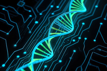 Colorful DNA strand intertwined with digital circuit patterns in a futuristic design representing genetics and technology Generative AI