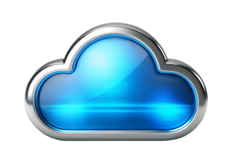 Chrome cloud icon with blue glowing light isolated on a transparent background technology