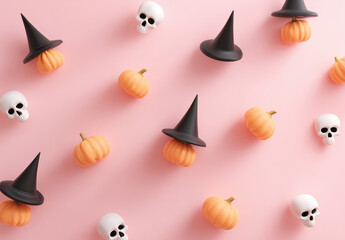 Halloween flat‑lay on a pink background with small orange pumpkins, black witch hats, and scattered white skulls. Retro, playful autumn template