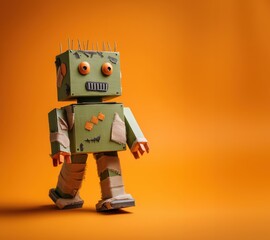 Cardboard robot styled as a Halloween zombie, with a green boxy head and body against vibrant orange background. Playfully, kid friendly autumn template