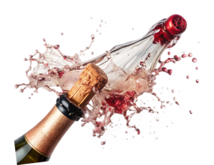 Champagne cork popping pink wine spraying dynamically isolated on a transparent background