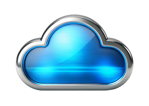 Chrome cloud icon with blue glowing light isolated on a transparent background technology
