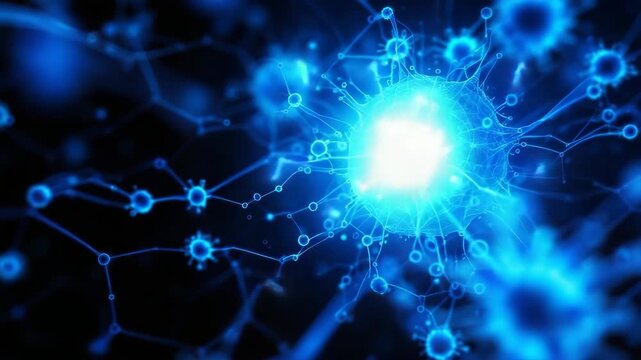 Futuristic exosomes communicating abstract 3 d render of intercellular network with glowing neon blue connections on dark background