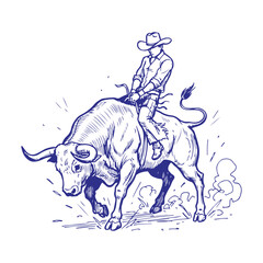 Classic hand drawn rodeo cowboy riding wild bull with lasso, dynamic western action, vintage wild west ranch lifestyle, country farm sport culture, detailed black and white line art vector 