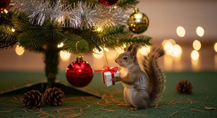 Adorable squirrel holding a tiny Christmas gift under a beautifully decorated Christmas tree with warm bokeh lights creating a festive atmosphere.