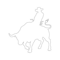 Western rodeo cowboy riding wild bull in outline drawing style, dynamic action sport, vintage wild west ranch lifestyle, country culture, detailed black and white vector illustration for farm and cowb