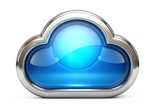 Chrome cloud icon with glowing blue center isolated on a transparent background computing